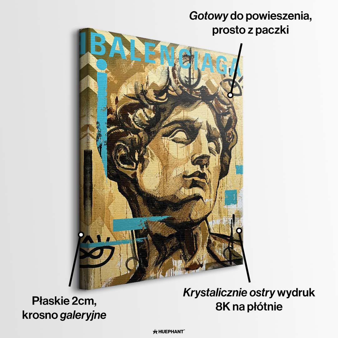 Obraz na płótnie sztuka współczesna przedstawiający rzeźbę klasyczną w stylu street art z błękitnym napisem modowym, wydruk galeryjny.