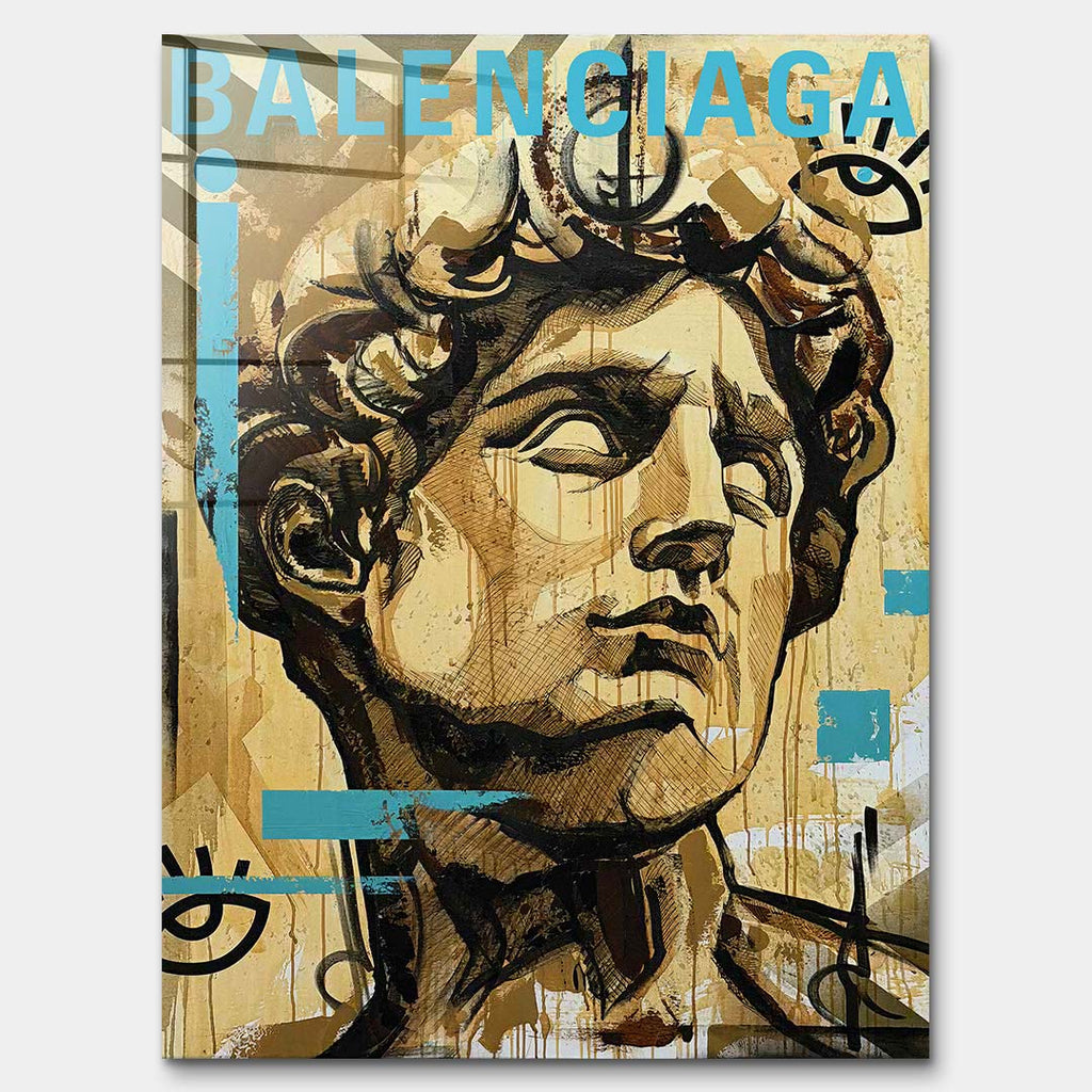 Obraz na szkle akrylowym sztuka współczesna przedstawiający rzeźbę klasyczną w stylu street art z błękitnym napisem modowym, wydruk galeryjny.