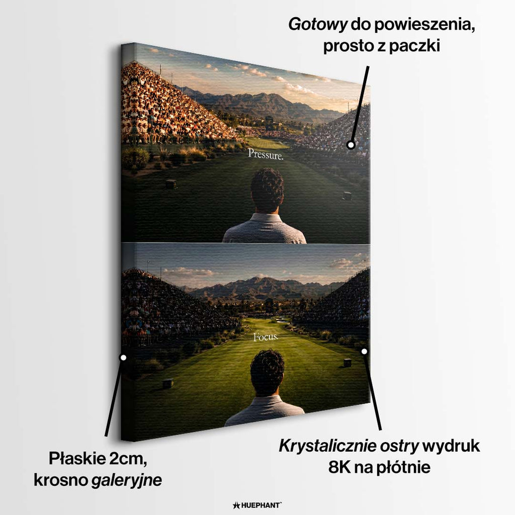Obraz na płótnie przedstawiający golfistę tyłem na polu golfowym w dwóch ujęciach z napisami Pressure i Focus, nowoczesny wydruk galeryjny motywacyjny.
