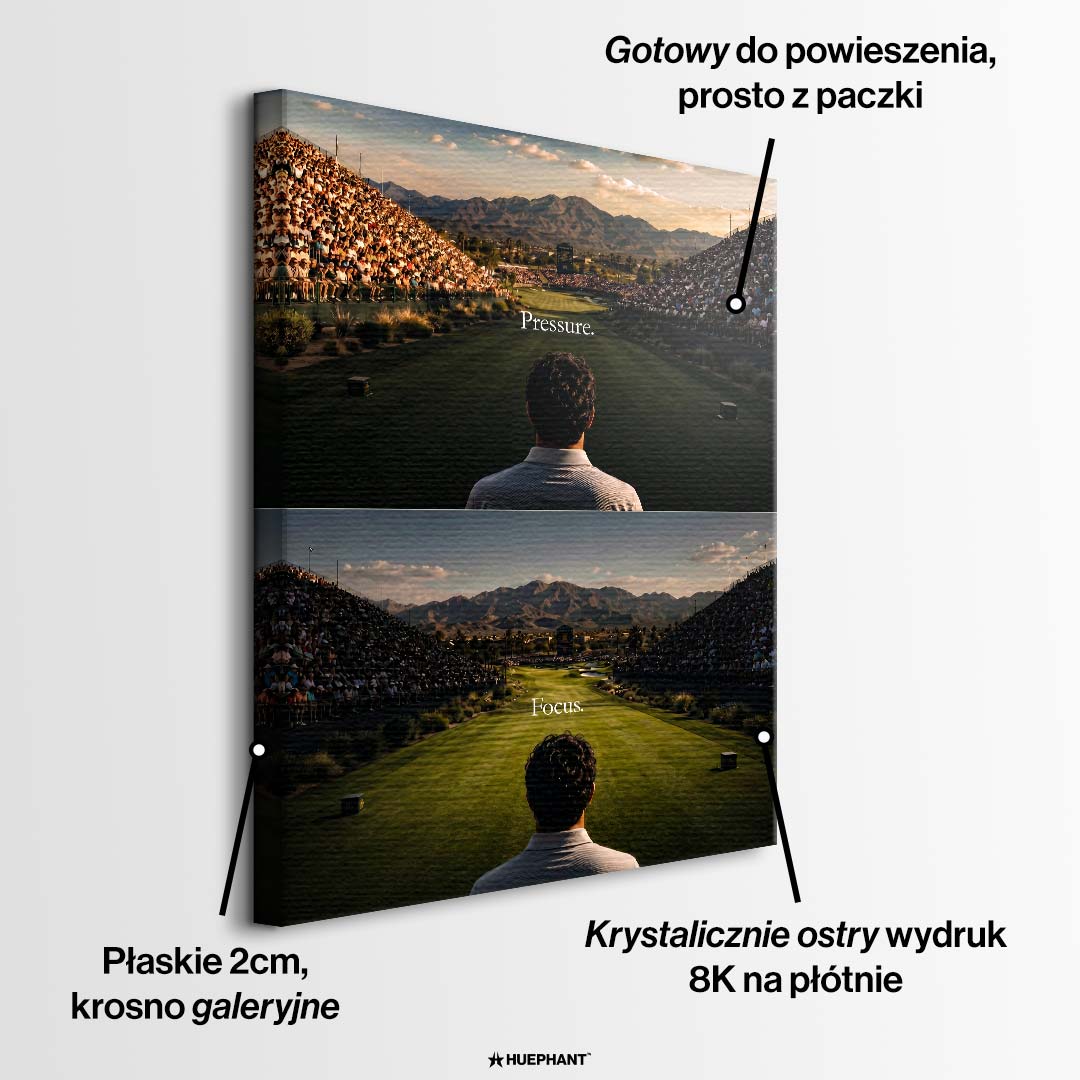 Obraz na płótnie przedstawiający golfistę tyłem na polu golfowym w dwóch ujęciach z napisami Pressure i Focus, nowoczesny wydruk galeryjny motywacyjny.