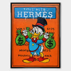 Obraz na płótnie z postacią Sknerusa McKwacza trzymającego worki pieniędzy, w stylu pop-art, na tle pomarańczowej planszy Monopoly z napisem Hermes.