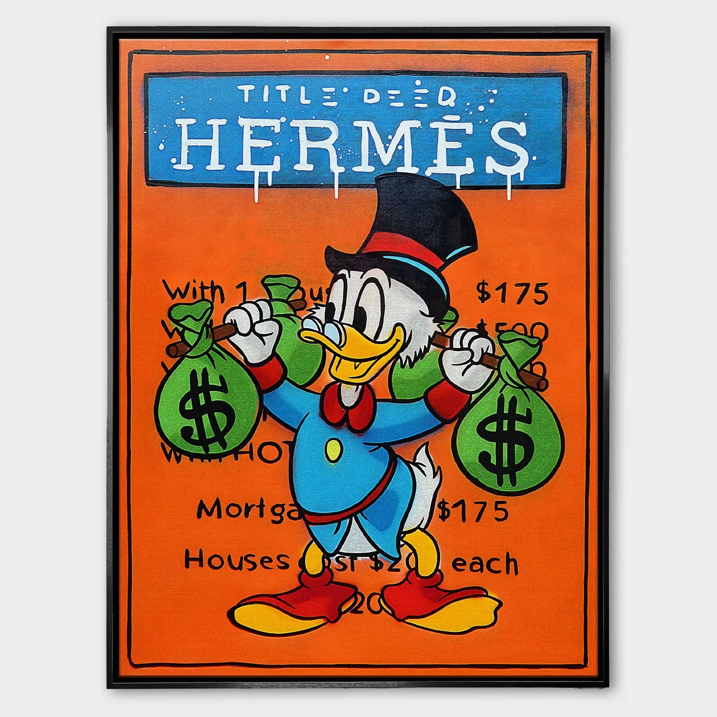 Obraz na płótnie z postacią Sknerusa McKwacza trzymającego worki pieniędzy, w stylu pop-art, na tle pomarańczowej planszy Monopoly z napisem Hermes.