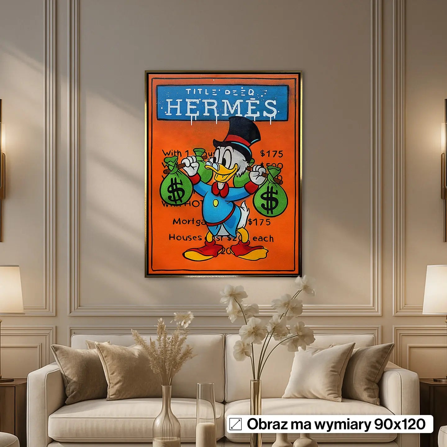 Obraz na płótnie z postacią Sknerusa McKwacza trzymającego worki pieniędzy, w stylu pop-art, na tle pomarańczowej planszy Monopoly z napisem Hermes.