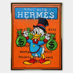 Obraz na płótnie z postacią Sknerusa McKwacza trzymającego worki pieniędzy, w stylu pop-art, na tle pomarańczowej planszy Monopoly z napisem Hermes.