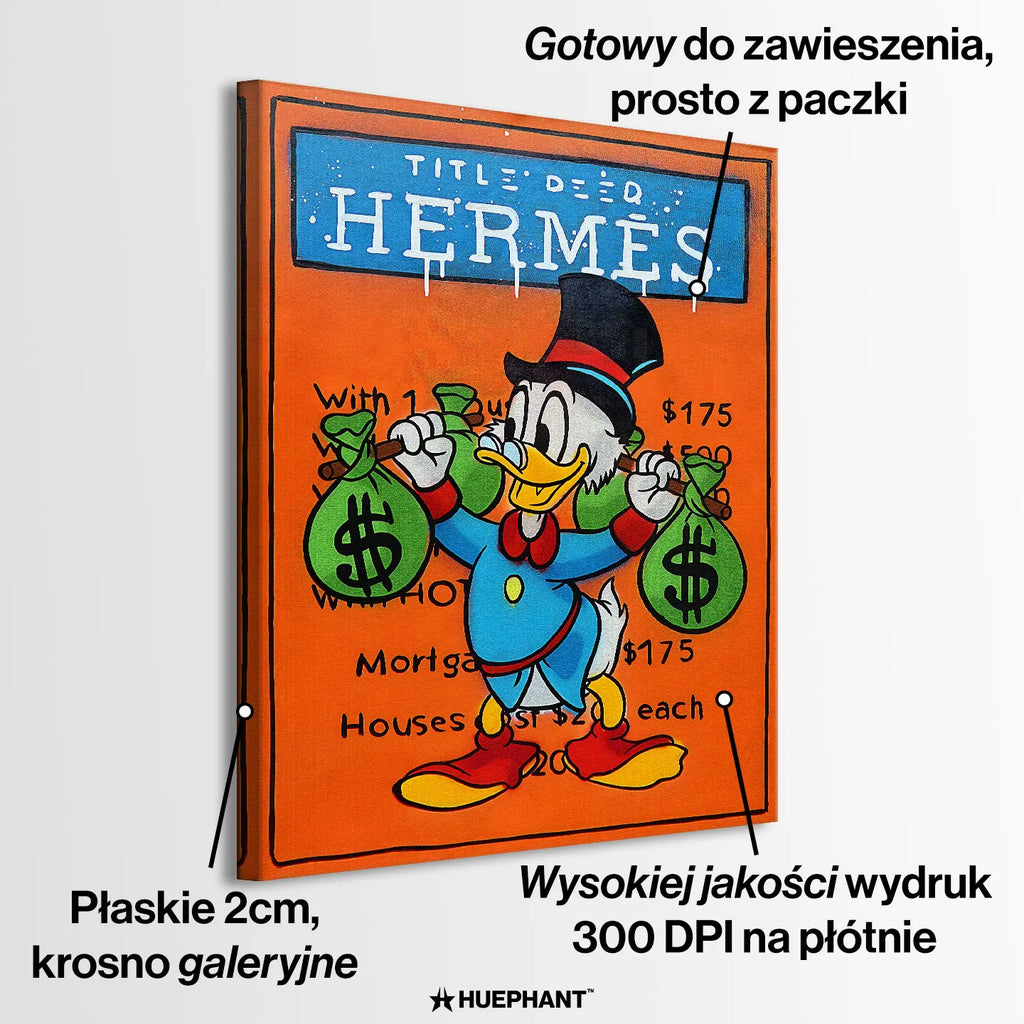 Obraz na płótnie z postacią Sknerusa McKwacza trzymającego worki pieniędzy, w stylu pop-art, na tle pomarańczowej planszy Monopoly z napisem Hermes.