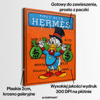 Obraz na płótnie z postacią Sknerusa McKwacza trzymającego worki pieniędzy, w stylu pop-art, na tle pomarańczowej planszy Monopoly z napisem Hermes.