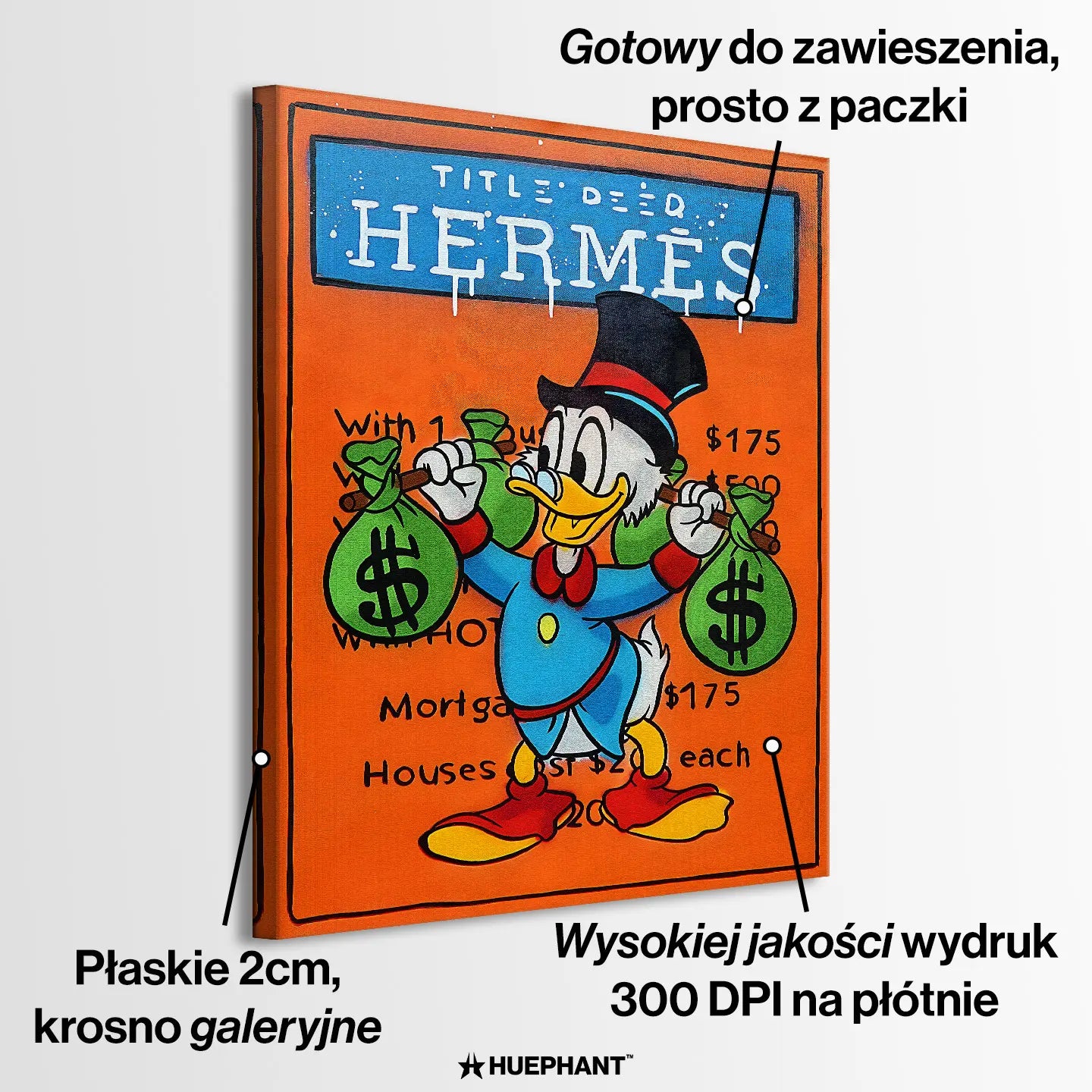 Obraz na płótnie z postacią Sknerusa McKwacza trzymającego worki pieniędzy, w stylu pop-art, na tle pomarańczowej planszy Monopoly z napisem Hermes.