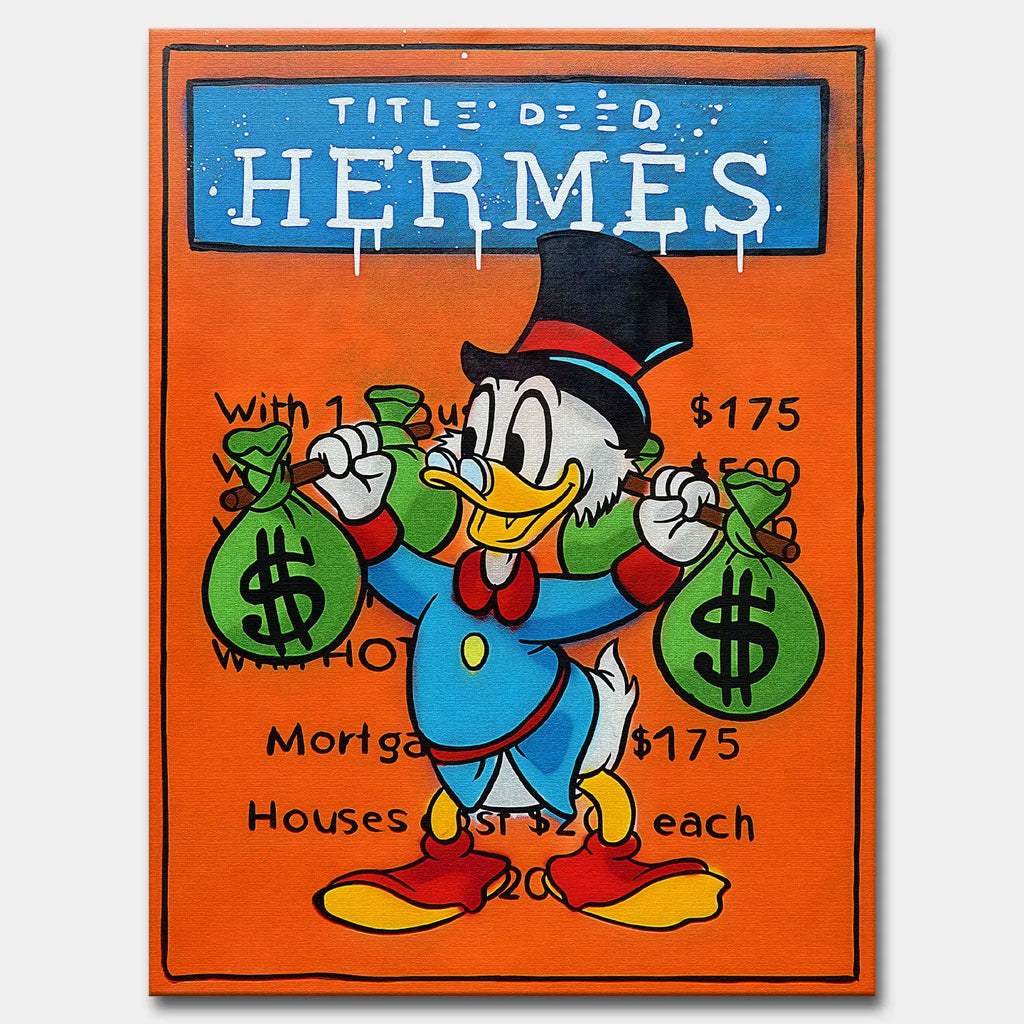 Obraz na płótnie z postacią Sknerusa McKwacza trzymającego worki pieniędzy, w stylu pop-art, na tle pomarańczowej planszy Monopoly z napisem Hermes.