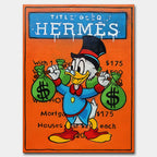 Obraz na płótnie z postacią Sknerusa McKwacza trzymającego worki pieniędzy, w stylu pop-art, na tle pomarańczowej planszy Monopoly z napisem Hermes.
