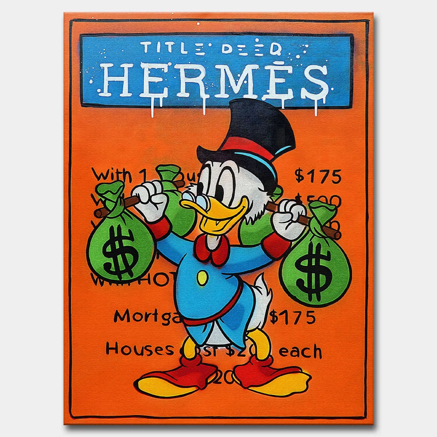 Obraz na płótnie z postacią Sknerusa McKwacza trzymającego worki pieniędzy, w stylu pop-art, na tle pomarańczowej planszy Monopoly z napisem Hermes.