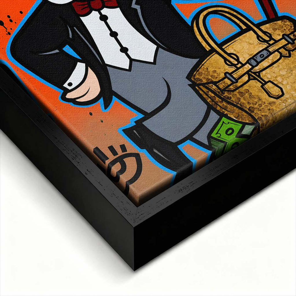 Nowoczesny obraz na płótnie street art przedstawiający postać w cylindrze z ekskluzywną torbą i banknotami, wydruk galeryjny.