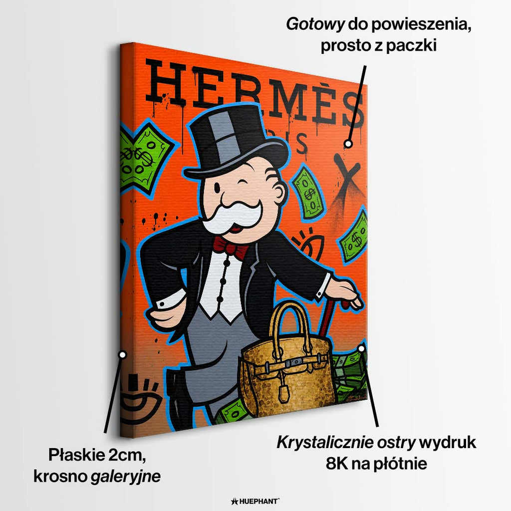 Nowoczesny obraz na płótnie street art przedstawiający postać w cylindrze z ekskluzywną torbą i banknotami, wydruk galeryjny.