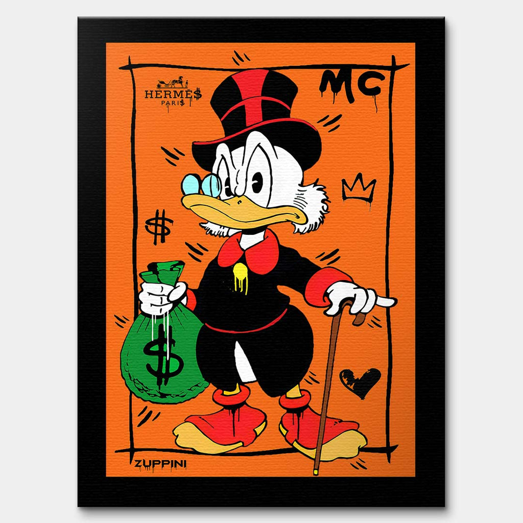 Obraz na płótnie Hustle Duck – komiksowa kaczka z laską i workiem pieniędzy na pomarańczowym tle, nowoczesny wydruk galeryjny pop art.