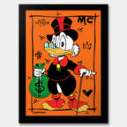 Obraz na płótnie Hustle Duck – komiksowa kaczka z laską i workiem pieniędzy na pomarańczowym tle, nowoczesny wydruk galeryjny pop art.