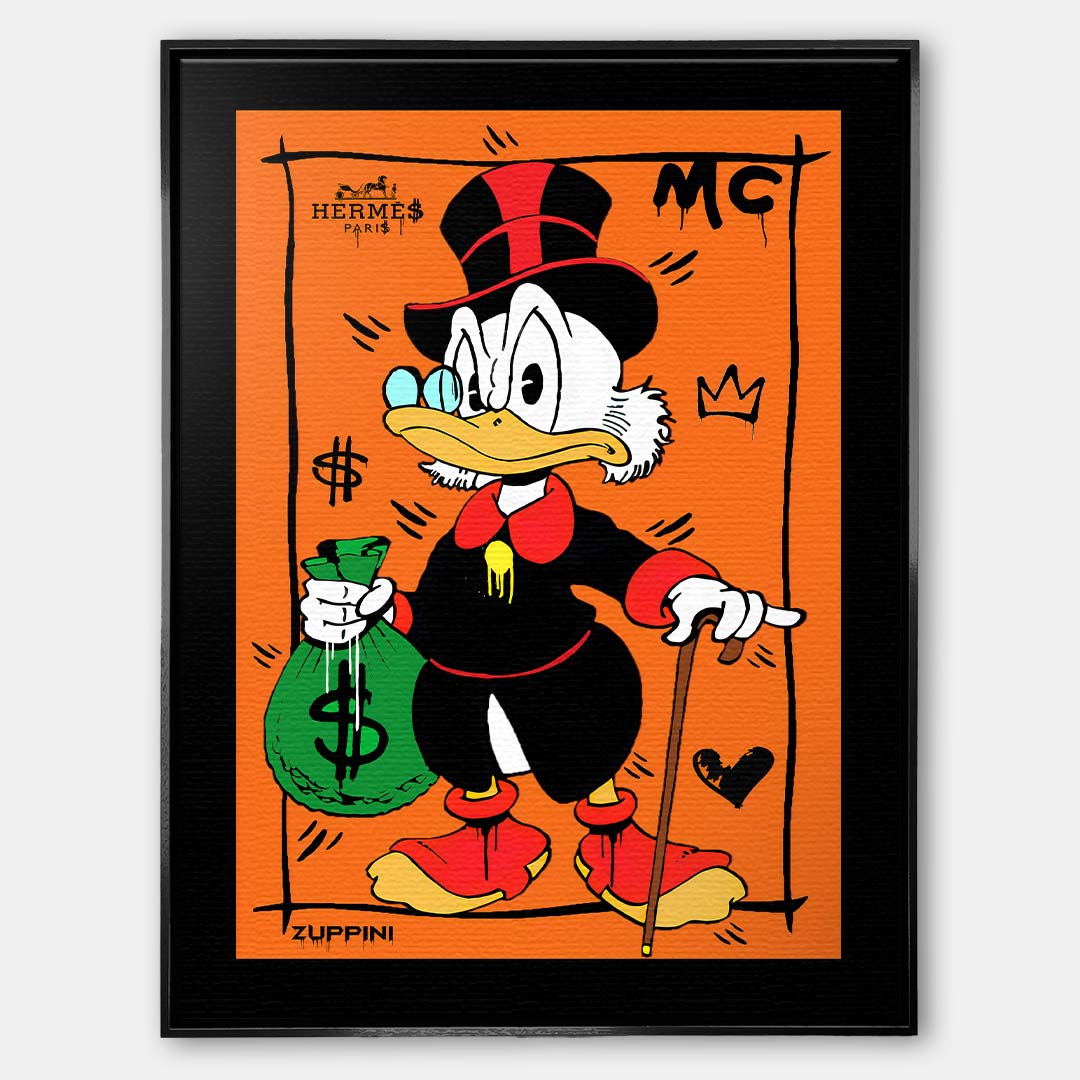 Obraz na płótnie Hustle Duck – komiksowa kaczka z laską i workiem pieniędzy na pomarańczowym tle, nowoczesny wydruk galeryjny pop art.