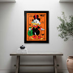 Obraz na płótnie Hustle Duck – komiksowa kaczka z laską i workiem pieniędzy na pomarańczowym tle, nowoczesny wydruk galeryjny pop art.