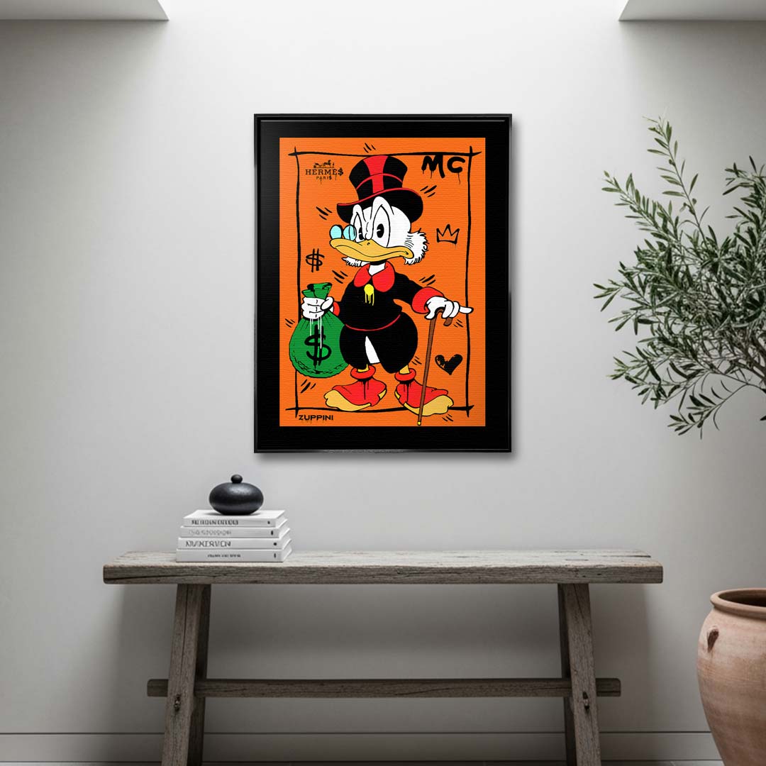 Obraz na płótnie Hustle Duck – komiksowa kaczka z laską i workiem pieniędzy na pomarańczowym tle, nowoczesny wydruk galeryjny pop art.