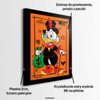 Obraz na płótnie Hustle Duck – komiksowa kaczka z laską i workiem pieniędzy na pomarańczowym tle, nowoczesny wydruk galeryjny pop art.