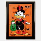 Obraz na płótnie Hustle Duck – komiksowa kaczka z laską i workiem pieniędzy na pomarańczowym tle, nowoczesny wydruk galeryjny pop art.