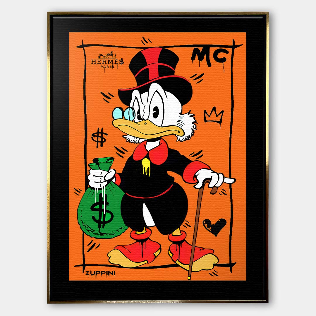 Obraz na płótnie Hustle Duck – komiksowa kaczka z laską i workiem pieniędzy na pomarańczowym tle, nowoczesny wydruk galeryjny pop art.
