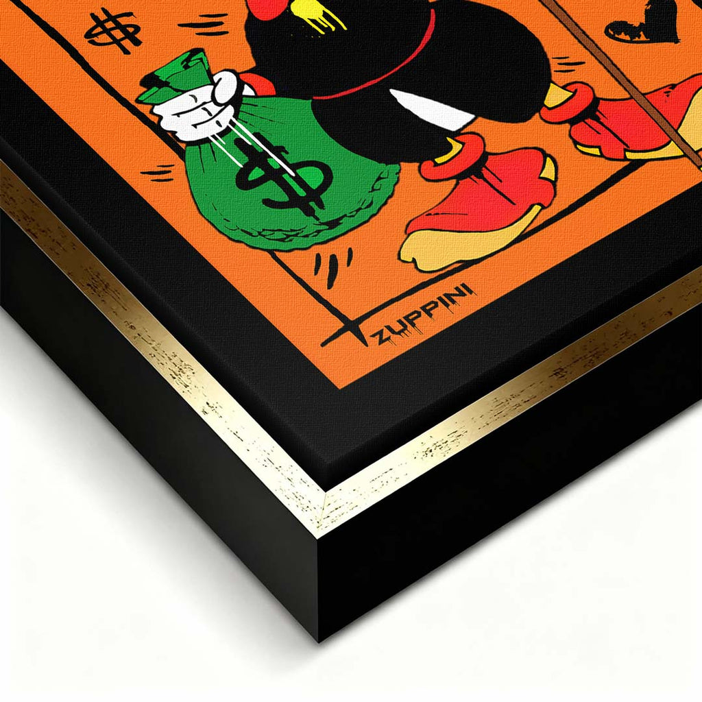 Obraz na płótnie Hustle Duck – komiksowa kaczka z laską i workiem pieniędzy na pomarańczowym tle, nowoczesny wydruk galeryjny pop art.