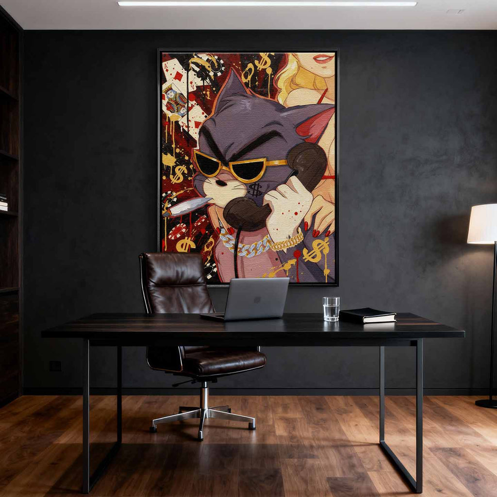 Obraz na płótnie Hustler Tom przedstawiający kota z Tom & Jerry w złotych okularach i biżuterii, z cygarem i telefonem, w pop-artowym stylu inspirowanym luksusem i ambicją.