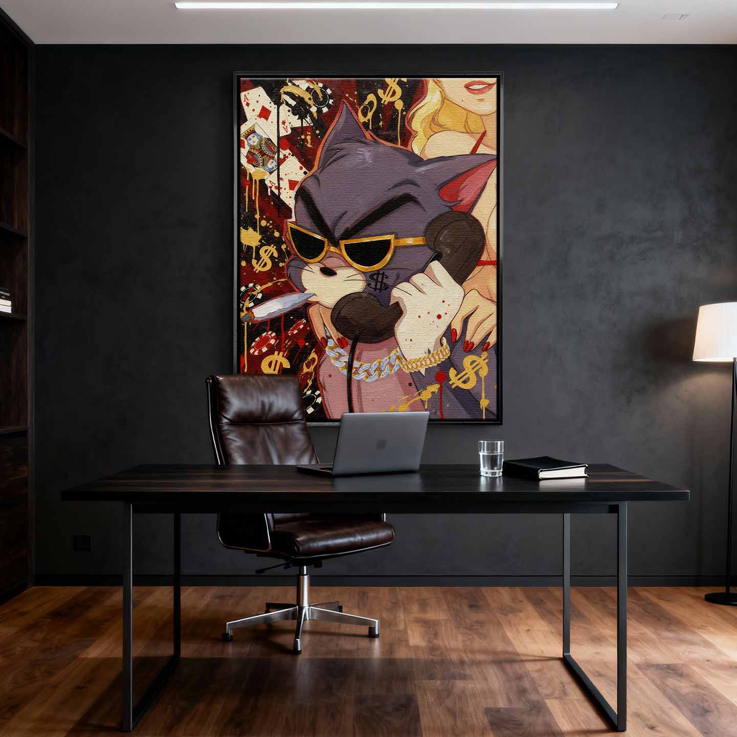 Obraz na płótnie Hustler Tom przedstawiający kota z Tom & Jerry w złotych okularach i biżuterii, z cygarem i telefonem, w pop-artowym stylu inspirowanym luksusem i ambicją.