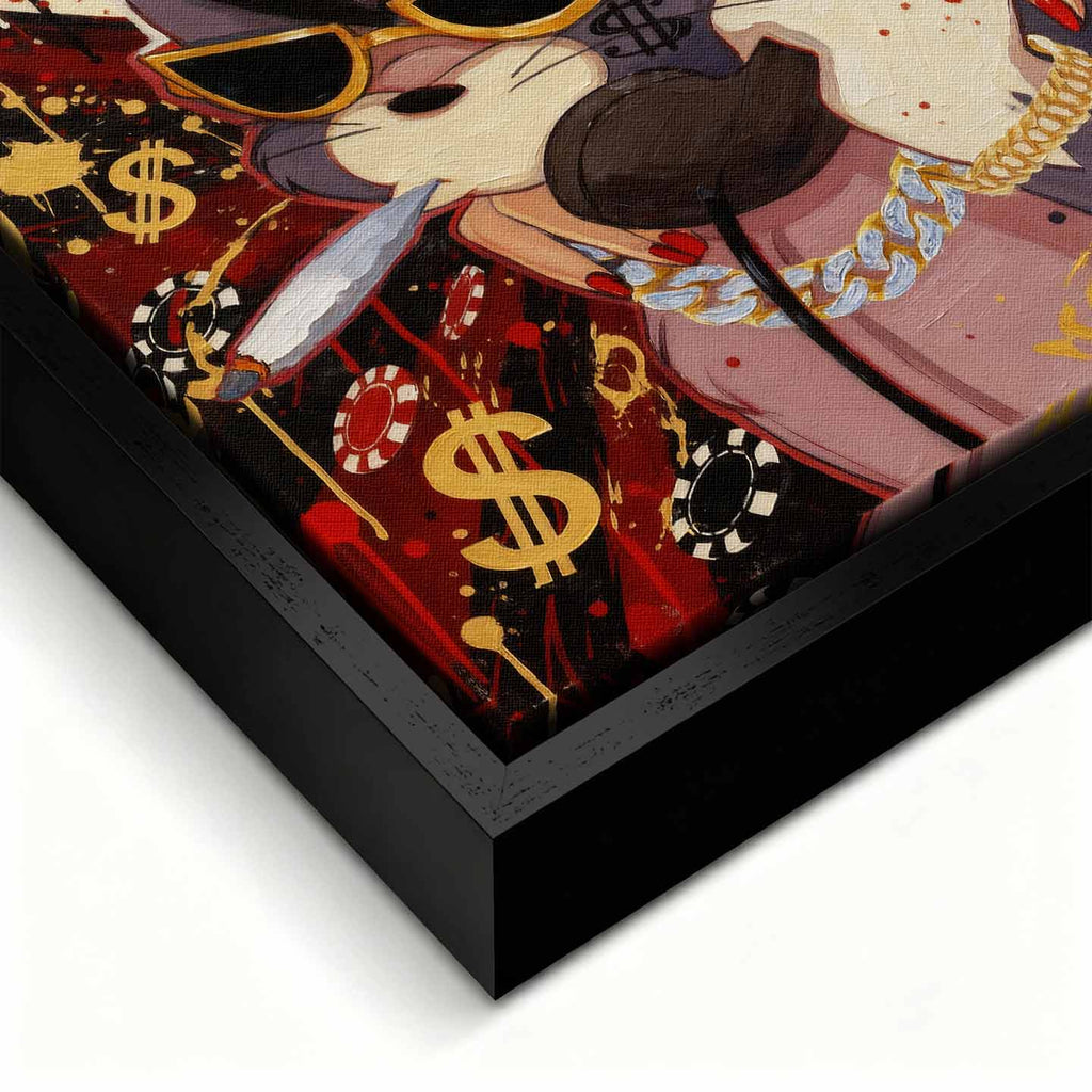 Obraz na płótnie Hustler Tom przedstawiający kota z Tom & Jerry w złotych okularach i biżuterii, z cygarem i telefonem, w pop-artowym stylu inspirowanym luksusem i ambicją.
