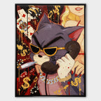 Obraz na płótnie Hustler Tom przedstawiający kota z Tom & Jerry w złotych okularach i biżuterii, z cygarem i telefonem, w pop-artowym stylu inspirowanym luksusem i ambicją.