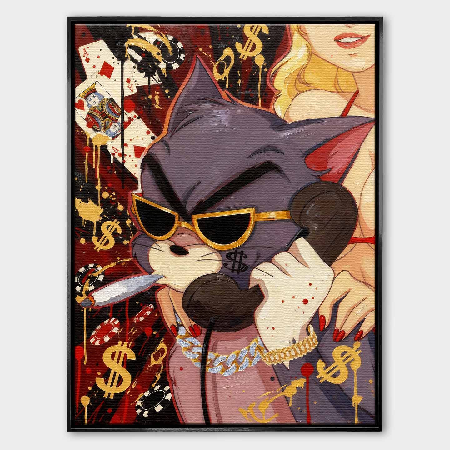 Obraz na płótnie Hustler Tom przedstawiający kota z Tom & Jerry w złotych okularach i biżuterii, z cygarem i telefonem, w pop-artowym stylu inspirowanym luksusem i ambicją.