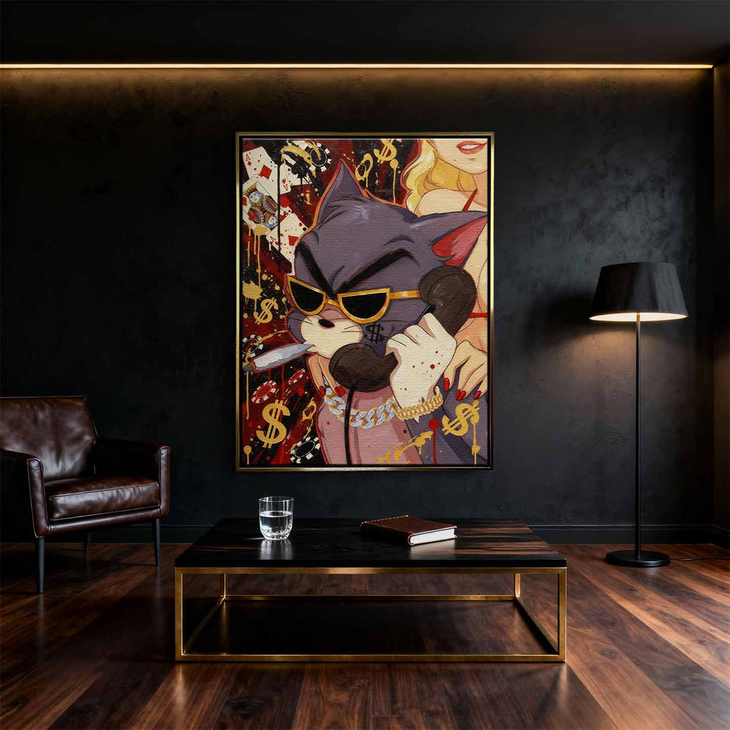 Obraz na płótnie Hustler Tom przedstawiający kota z Tom & Jerry w złotych okularach i biżuterii, z cygarem i telefonem, w pop-artowym stylu inspirowanym luksusem i ambicją.