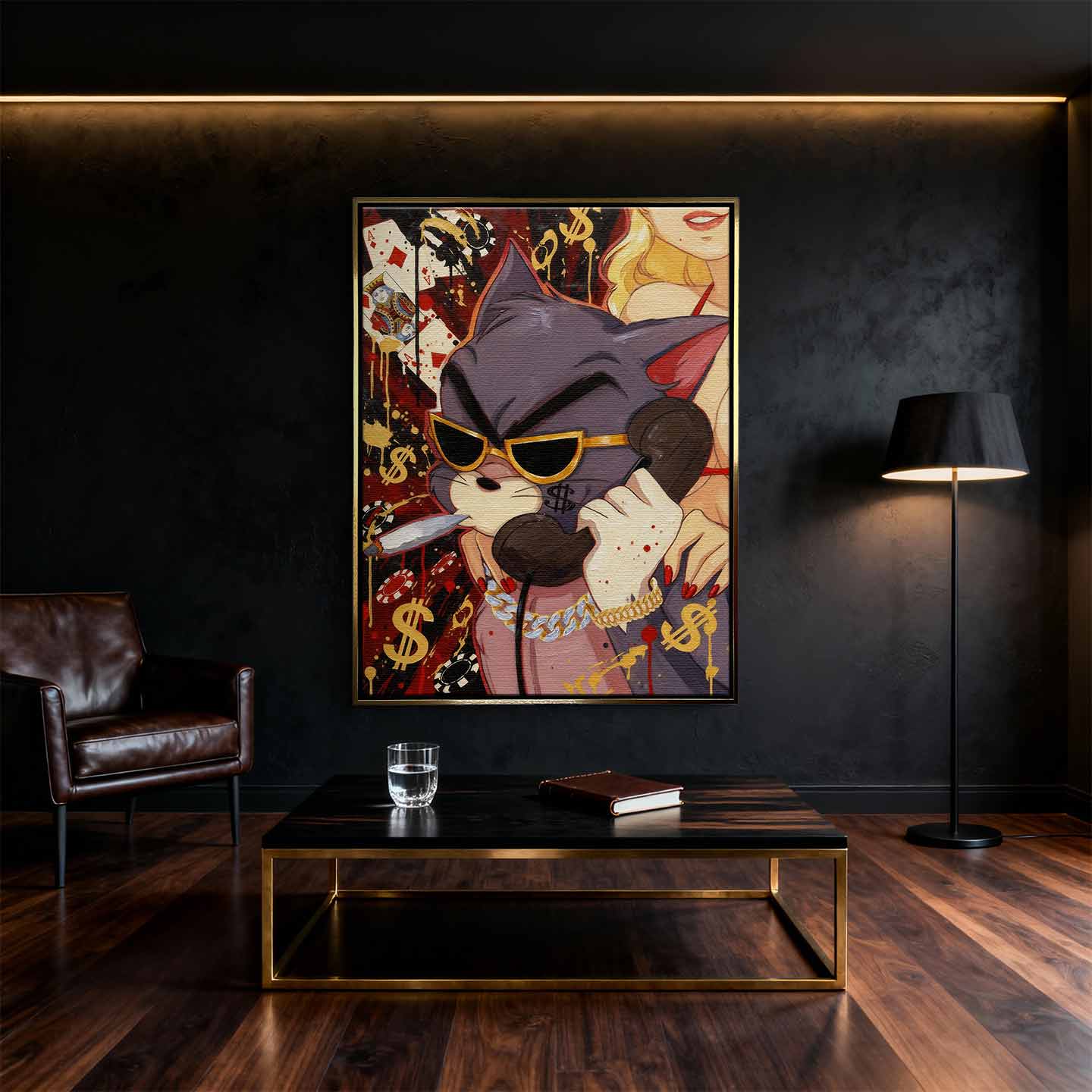 Obraz na płótnie Hustler Tom przedstawiający kota z Tom & Jerry w złotych okularach i biżuterii, z cygarem i telefonem, w pop-artowym stylu inspirowanym luksusem i ambicją.