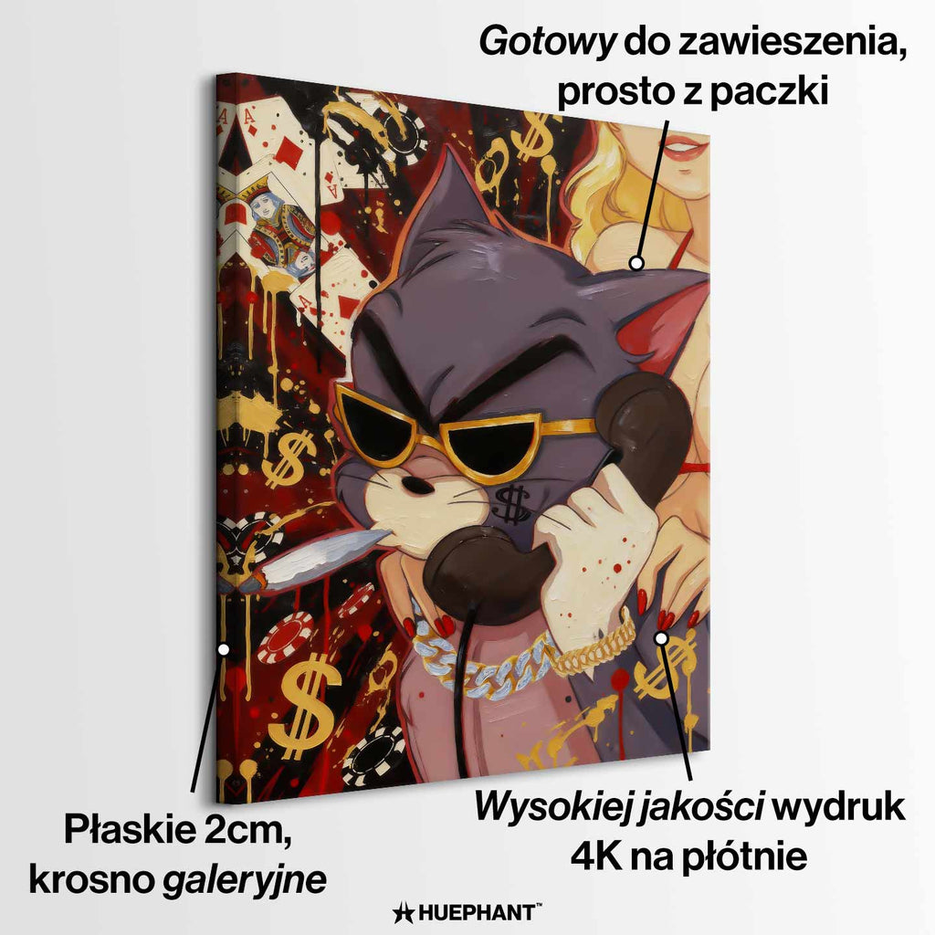 Obraz na płótnie Hustler Tom przedstawiający kota z Tom & Jerry w złotych okularach i biżuterii, z cygarem i telefonem, w pop-artowym stylu inspirowanym luksusem i ambicją.