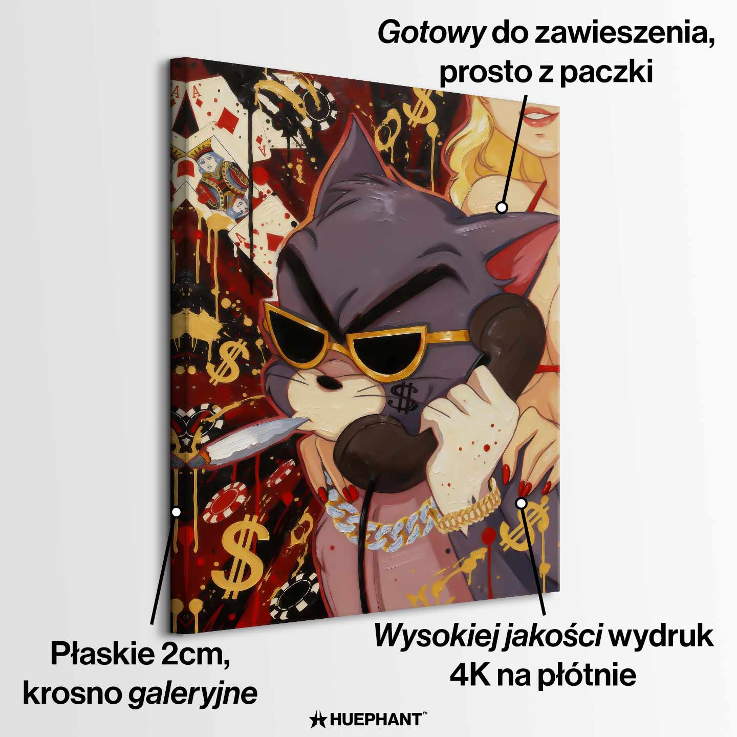 Obraz na płótnie Hustler Tom przedstawiający kota z Tom & Jerry w złotych okularach i biżuterii, z cygarem i telefonem, w pop-artowym stylu inspirowanym luksusem i ambicją.