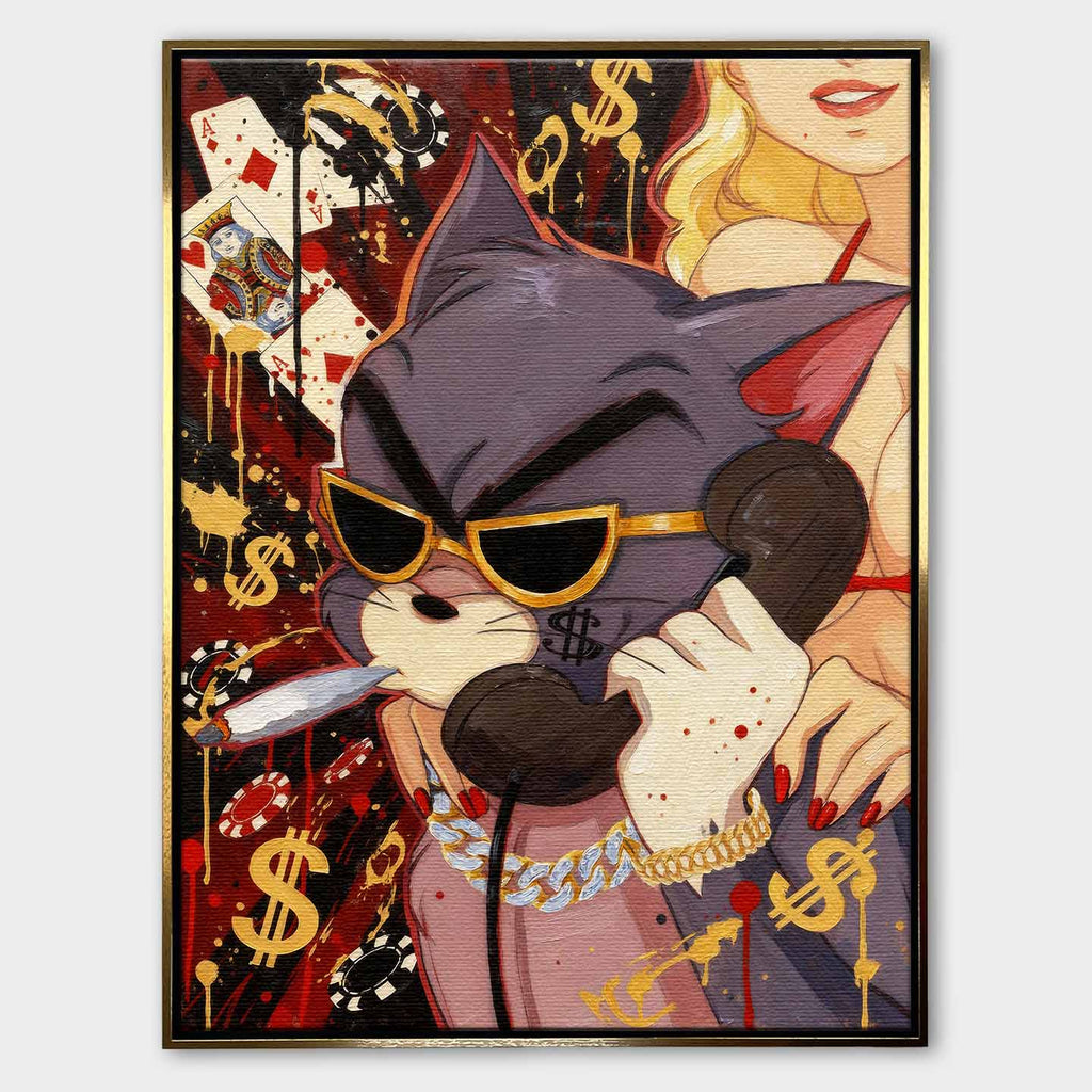 Obraz na płótnie Hustler Tom przedstawiający kota z Tom & Jerry w złotych okularach i biżuterii, z cygarem i telefonem, w pop-artowym stylu inspirowanym luksusem i ambicją.