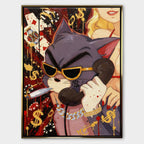 Obraz na płótnie Hustler Tom przedstawiający kota z Tom & Jerry w złotych okularach i biżuterii, z cygarem i telefonem, w pop-artowym stylu inspirowanym luksusem i ambicją.