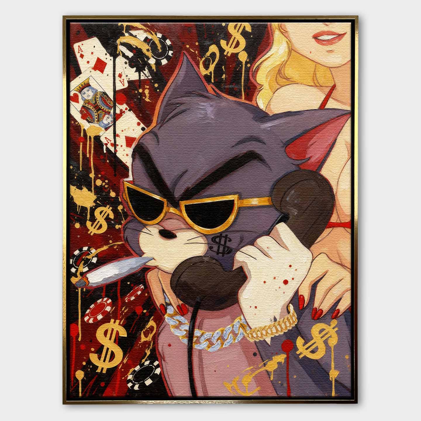 Obraz na płótnie Hustler Tom przedstawiający kota z Tom & Jerry w złotych okularach i biżuterii, z cygarem i telefonem, w pop-artowym stylu inspirowanym luksusem i ambicją.