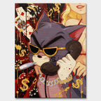 Obraz na płótnie Hustler Tom przedstawiający kota z Tom & Jerry w złotych okularach i biżuterii, z cygarem i telefonem, w pop-artowym stylu inspirowanym luksusem i ambicją.