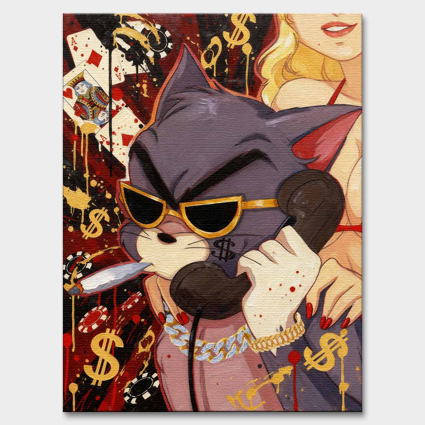 Obraz na płótnie Hustler Tom przedstawiający kota z Tom & Jerry w złotych okularach i biżuterii, z cygarem i telefonem, w pop-artowym stylu inspirowanym luksusem i ambicją.