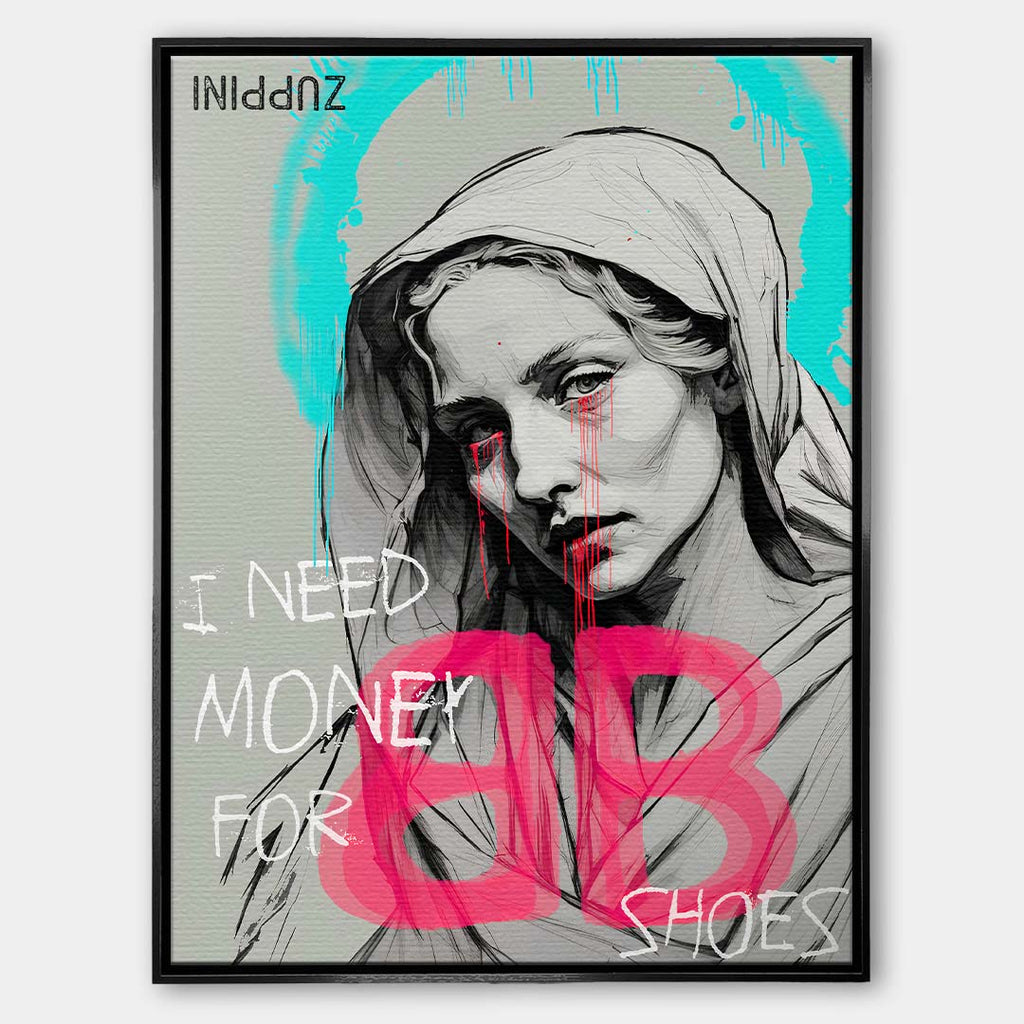 Sztuka nowoczesna obraz na płótnie I need Money for Shoes. Wydruk galeryjny pop art z portretem kobiety, turkusową aureolą i różowym logo marki odzieżowej.