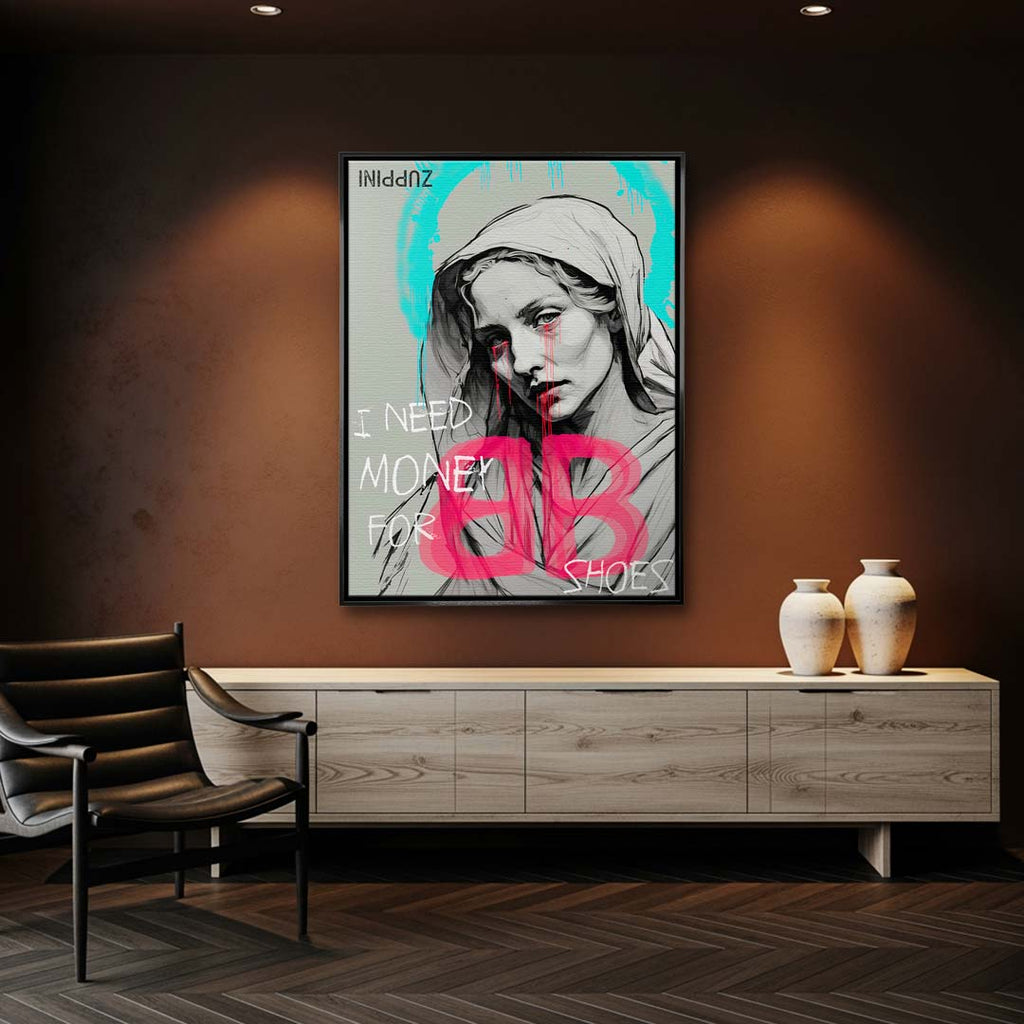 Sztuka nowoczesna obraz na płótnie I need Money for Shoes. Wydruk galeryjny pop art z portretem kobiety, turkusową aureolą i różowym logo marki odzieżowej.