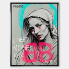 Sztuka nowoczesna obraz na płótnie I need Money for Shoes. Wydruk galeryjny pop art z portretem kobiety, turkusową aureolą i różowym logo marki odzieżowej.