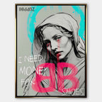 Sztuka nowoczesna obraz na płótnie I need Money for Shoes. Wydruk galeryjny pop art z portretem kobiety, turkusową aureolą i różowym logo marki odzieżowej.