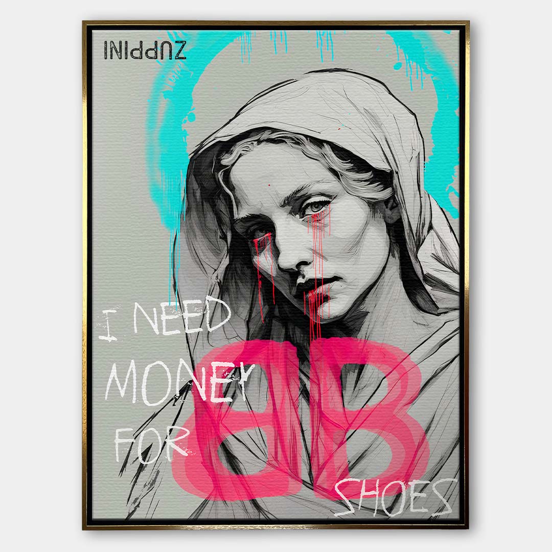Sztuka nowoczesna obraz na płótnie I need Money for Shoes. Wydruk galeryjny pop art z portretem kobiety, turkusową aureolą i różowym logo marki odzieżowej.
