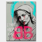 Sztuka nowoczesna obraz na płótnie I need Money for Shoes. Wydruk galeryjny pop art z portretem kobiety, turkusową aureolą i różowym logo marki odzieżowej.