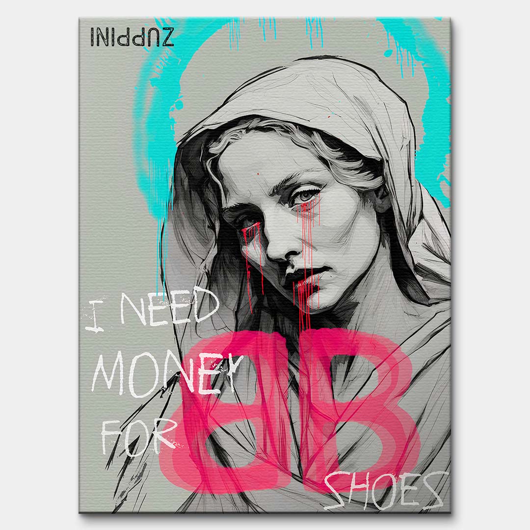 Sztuka nowoczesna obraz na płótnie I need Money for Shoes. Wydruk galeryjny pop art z portretem kobiety, turkusową aureolą i różowym logo marki odzieżowej.