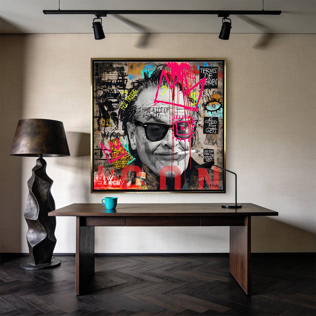 Obraz na płótnie Jack Nicholson styl pop-art street art, wydruk galeryjny czarno-biały z neonową koroną, sztuka nowoczesna limitowana edycja do salonu.