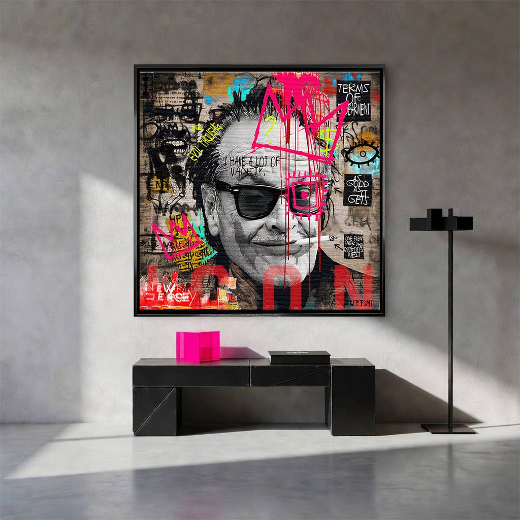 Obraz na płótnie Jack Nicholson styl pop-art street art, wydruk galeryjny czarno-biały z neonową koroną, sztuka nowoczesna limitowana edycja do salonu.