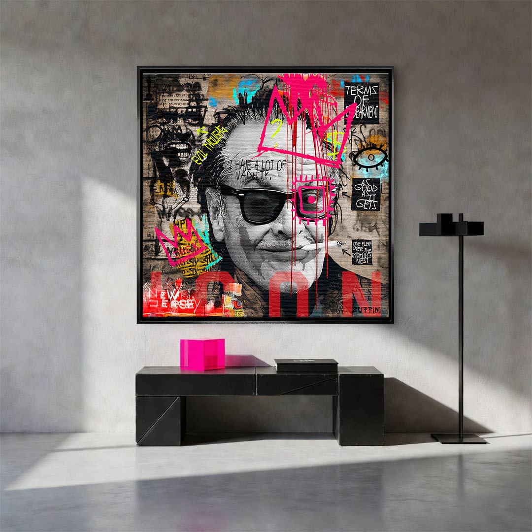 Obraz na płótnie Jack Nicholson styl pop-art street art, wydruk galeryjny czarno-biały z neonową koroną, sztuka nowoczesna limitowana edycja do salonu.