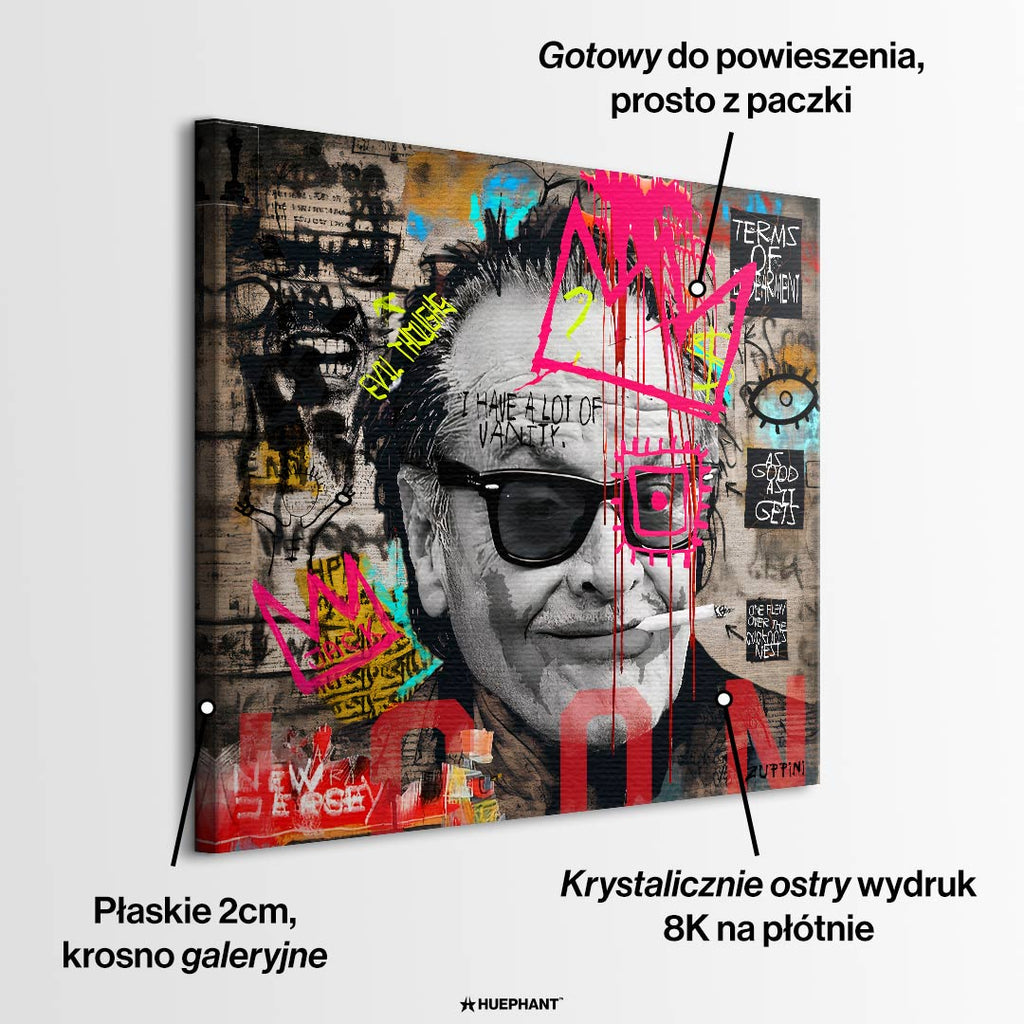 Obraz na płótnie Jack Nicholson styl pop-art street art, wydruk galeryjny czarno-biały z neonową koroną, sztuka nowoczesna limitowana edycja do salonu.